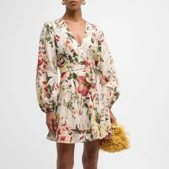 Zimmermann Lexi Floral Linen Wrap Mini Dress Size 1 / US 6 - Picture 6 of 14